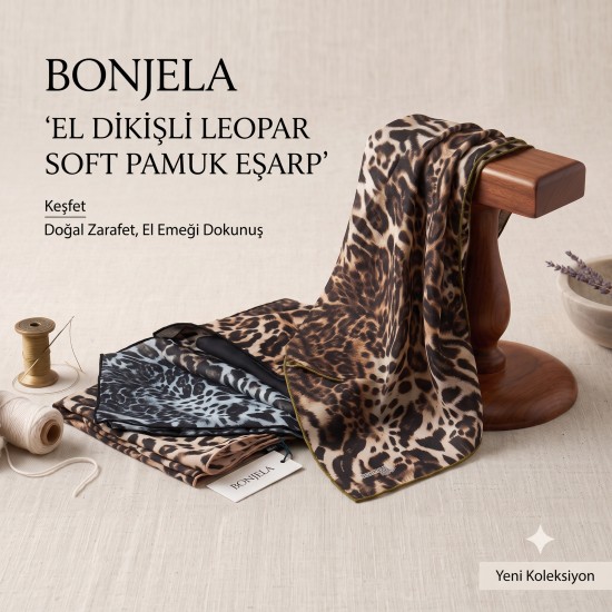 Bonjela El Dikişli Leopar Desenli Soft Pamuk Eşarp
